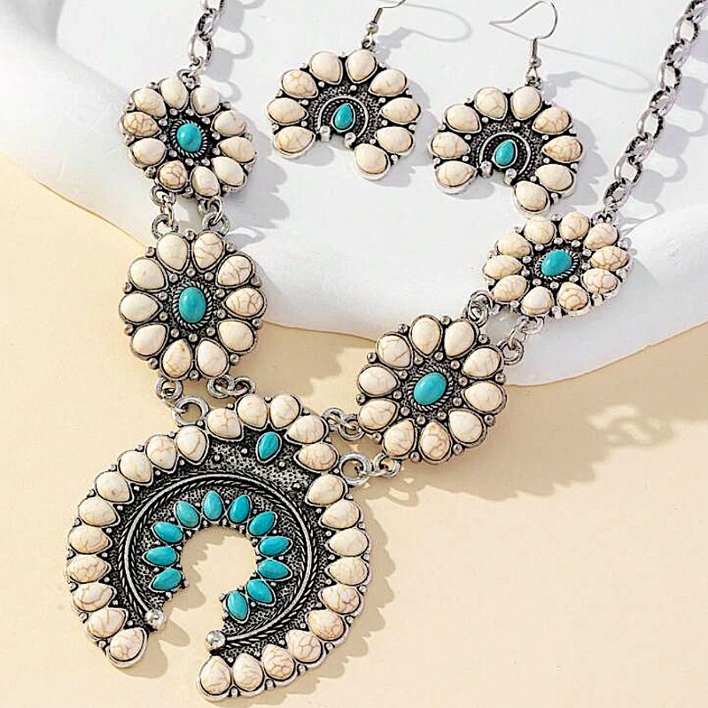 Bohemian White and Blue Squash Blossom Statement Necklace and Earrings